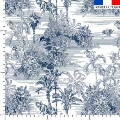 Simili cuir imprimé toile jouy jungle bleue