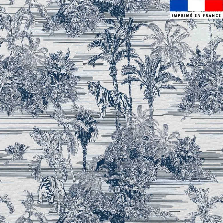 Simili cuir imprimé toile jouy jungle bleue
