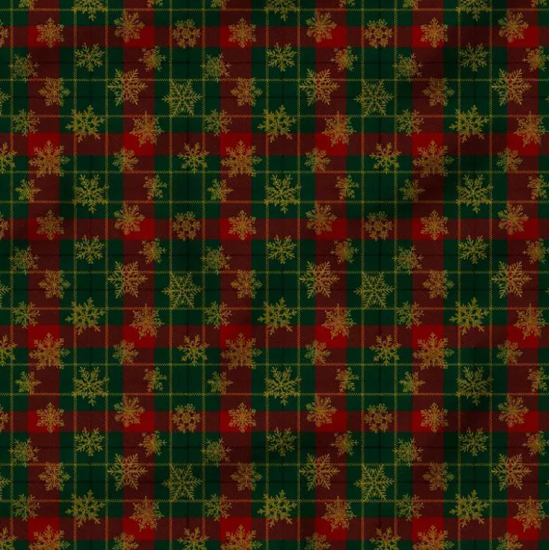 Tartan et flocons dorés - Fond vert