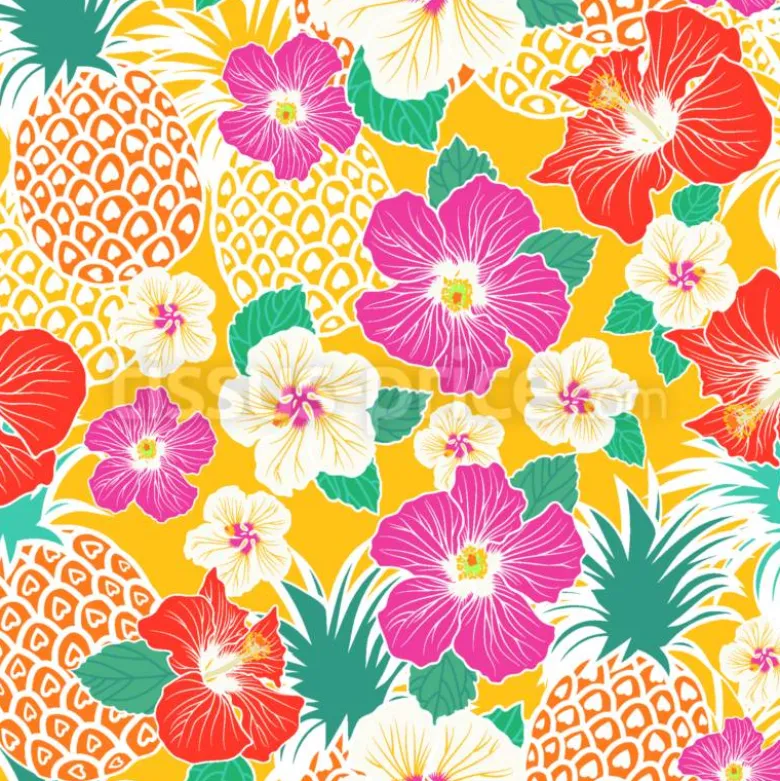 Tissu Ananas exotique et hibiscus personnalisé