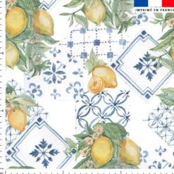 Tissu anti-tâche pour nappe imprimé citron jaune et carreaux vintages bleus
