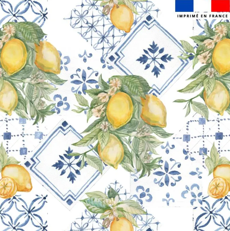 Tissu anti-tâche pour nappe imprimé citron jaune et carreaux vintages bleus