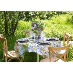 Tissu anti-tâche pour nappe imprimé citron jaune et carreaux vintages bleus