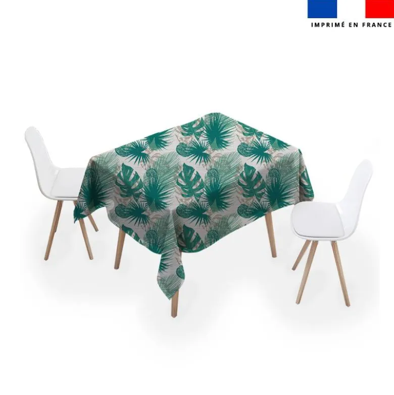Tissu anti-tâche pour nappe imprimé feuille exotique verte et marron