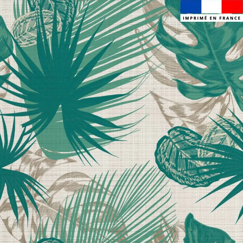 Tissu anti-tâche pour nappe imprimé feuille exotique verte et marron