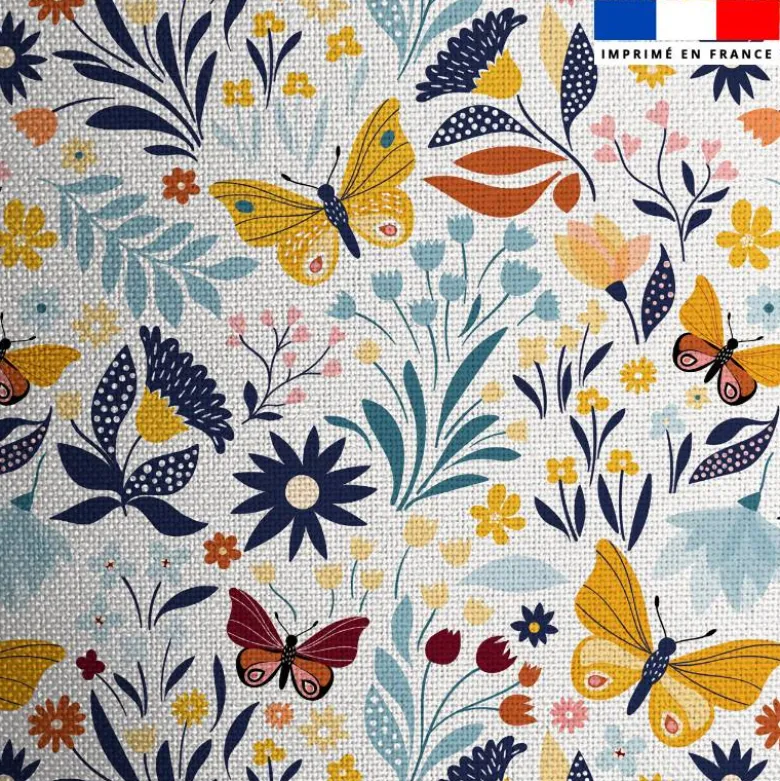 Tissu burlington blanc imprimé papillon jaune