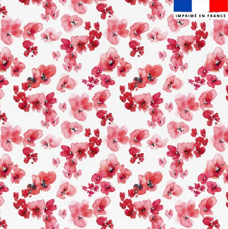 Tissu burlington blanc imprimé aquarelle petites fleurs de printemps rouge