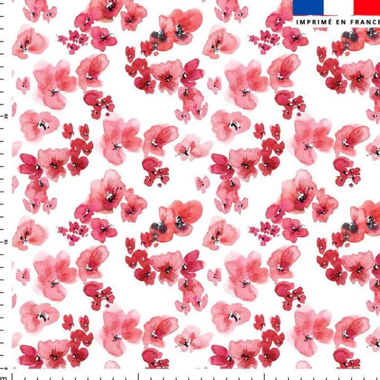 Tissu burlington blanc imprimé aquarelle petites fleurs de printemps rouge