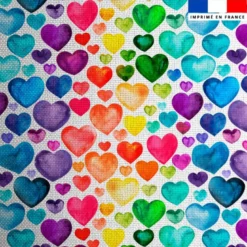 Tissu burlington blanc imprimé coeurs arc-en-ciel effet aquarelle
