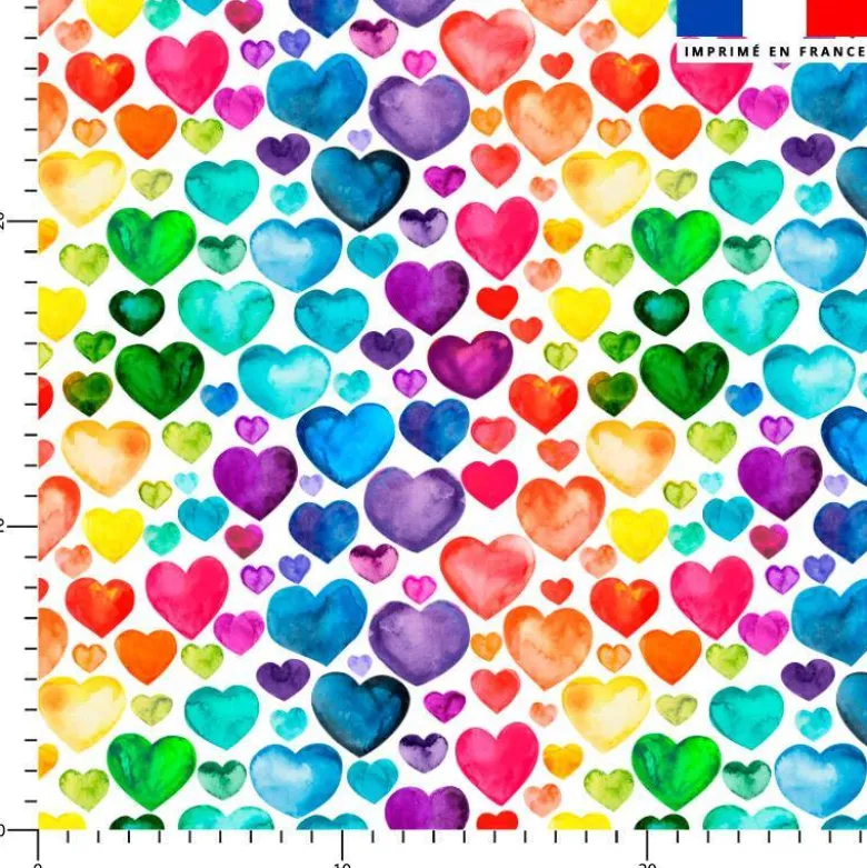 Tissu burlington blanc imprimé coeurs arc-en-ciel effet aquarelle