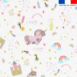 Tissu burlington blanc imprimé château gold et licorne rose