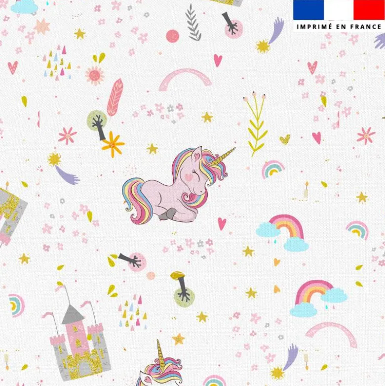 Tissu burlington blanc imprimé château gold et licorne rose