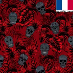 Tissu burlington rouge imprimé jungle tête de mort grise
