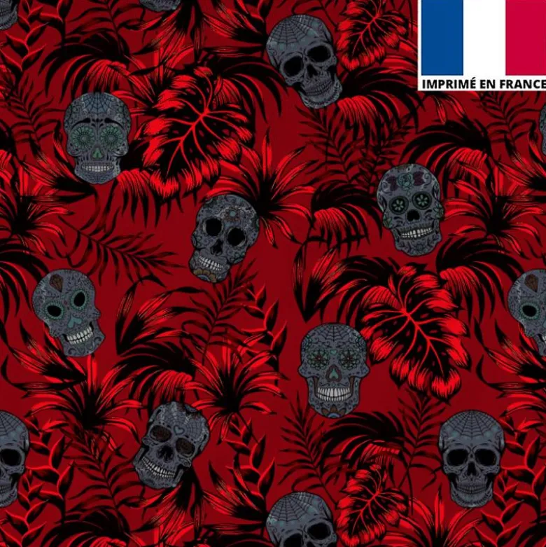 Tissu burlington rouge imprimé jungle tête de mort grise