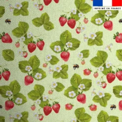 Tissu burlington vert pastel imprimé fraise et bourdon