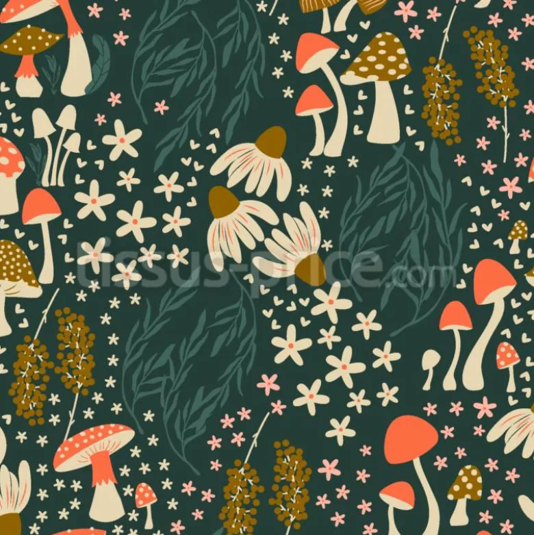 Tissu fleurs et champignons forestiers personnalisé