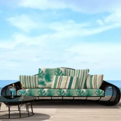 Tissu imperméable beige motif rayure fine verte et marron