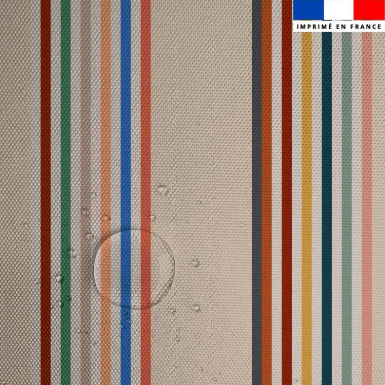 Tissu imperméable beige motif rayures colorées