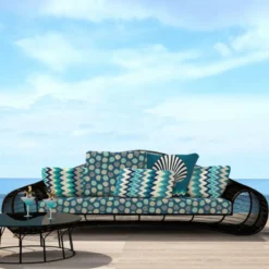 Tissu imperméable bleu motif chevron vert et grège