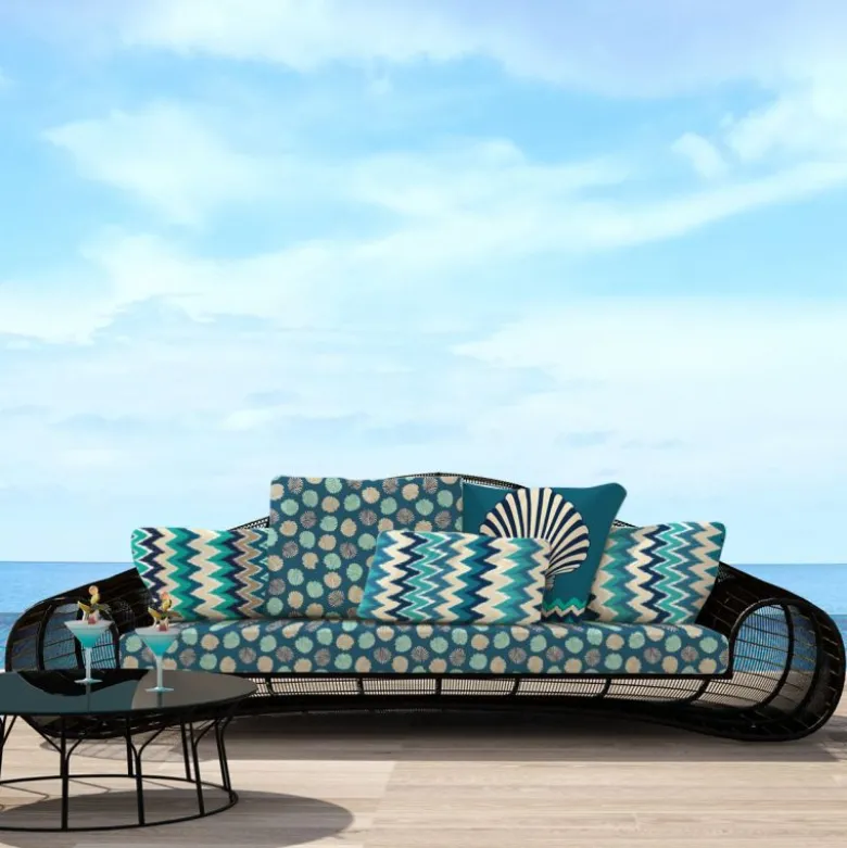 Tissu imperméable bleu motif chevron vert et grège