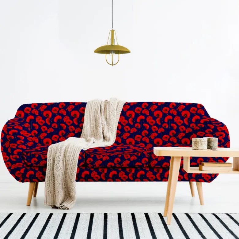 Tissu imperméable bleu motif grand coquelicot