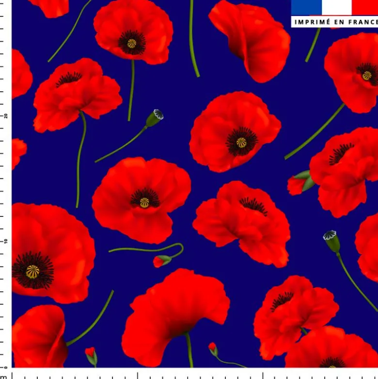 Tissu imperméable bleu motif grand coquelicot
