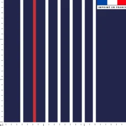 Tissu imperméable bleu motif rayure fine blanche et rouge