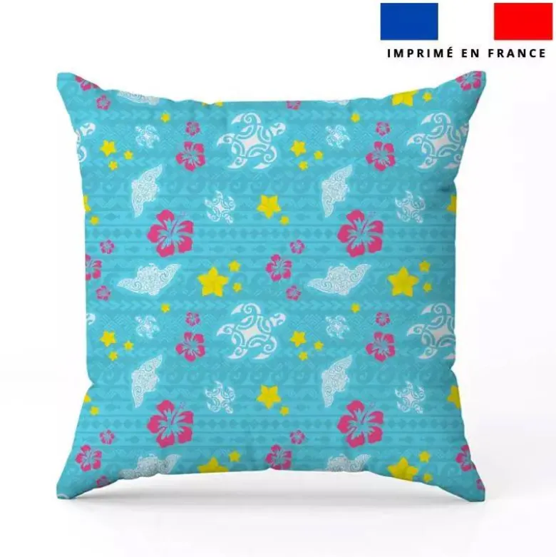 Tissu imperméable bleu motif tortue et raie manta maori blanche