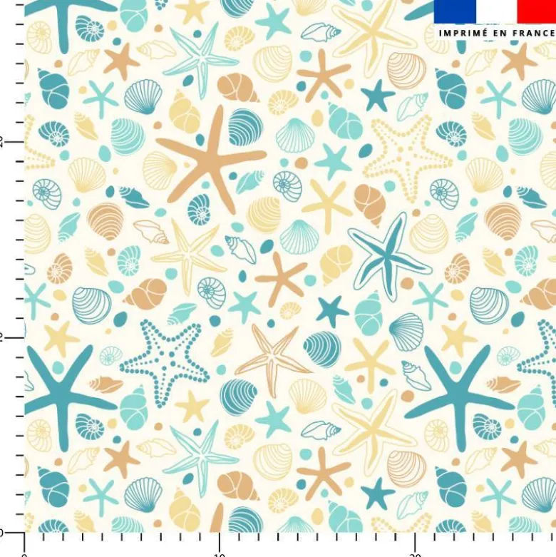 Tissu imperméable créme motif coquillage et étoile de mer