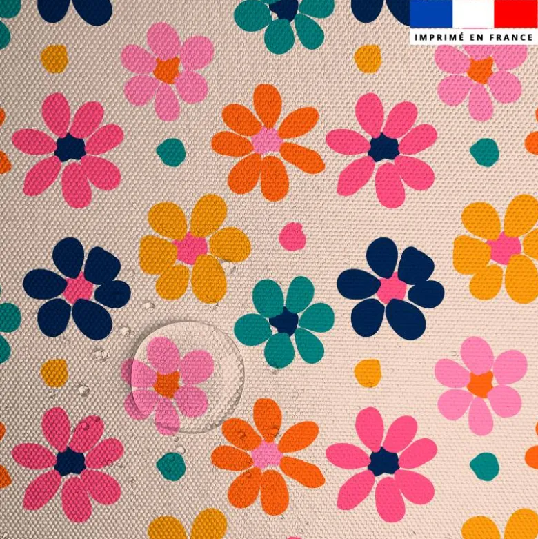 Tissu imperméable crème motif fleurs colorées