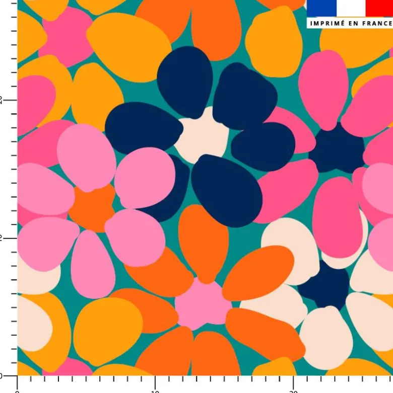 Tissu imperméable crème motif grandes fleurs colorées