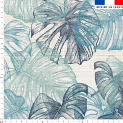 Tissu imperméable écru motif feuille de monstera bleu
