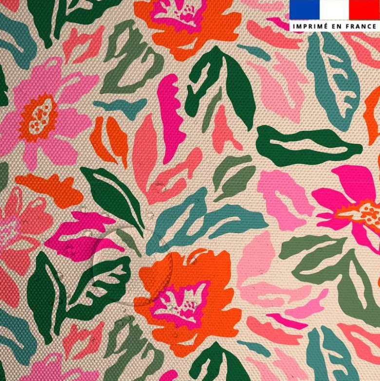 Tissu imperméable écru motif fleurs et feuilles colorées