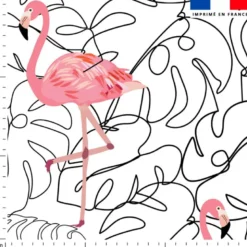 Tissu imperméable écru motif line art et flamant rose