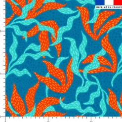 Tissu imperméable motif algue rouge et turquoise