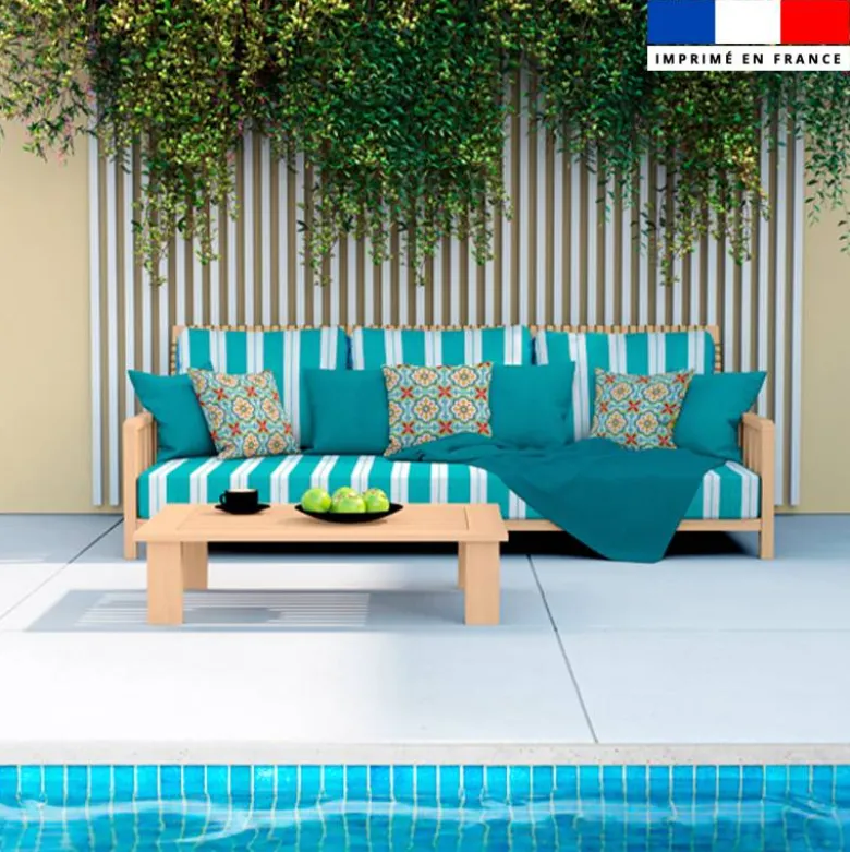 Tissu imperméable motif carreaux de ciment beige fuchsia et turquoise