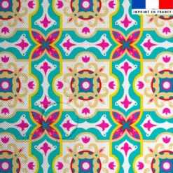 Tissu imperméable motif carreaux de ciment beige fuchsia et turquoise