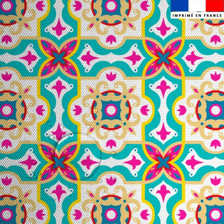 Tissu imperméable motif carreaux de ciment beige fuchsia et turquoise