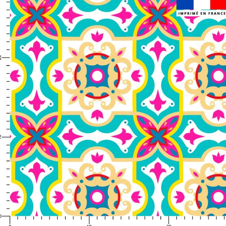 Tissu imperméable motif carreaux de ciment beige fuchsia et turquoise