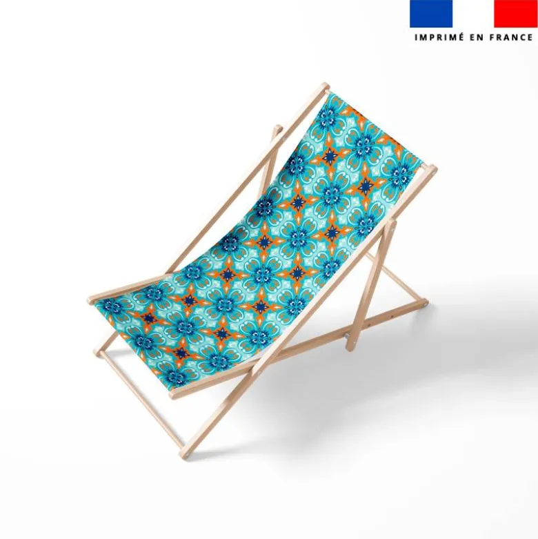 Tissu imperméable motif carreaux de ciment bleu orange et turquoise
