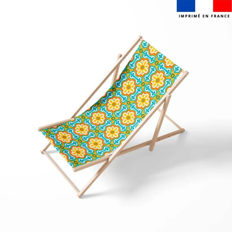 Tissu imperméable motif carreaux de ciment orange jaune et turquoise