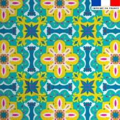 Tissu imperméable motif carreaux de ciment jaune bleu et turquoise