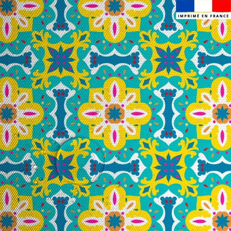 Tissu imperméable motif carreaux de ciment jaune bleu et turquoise