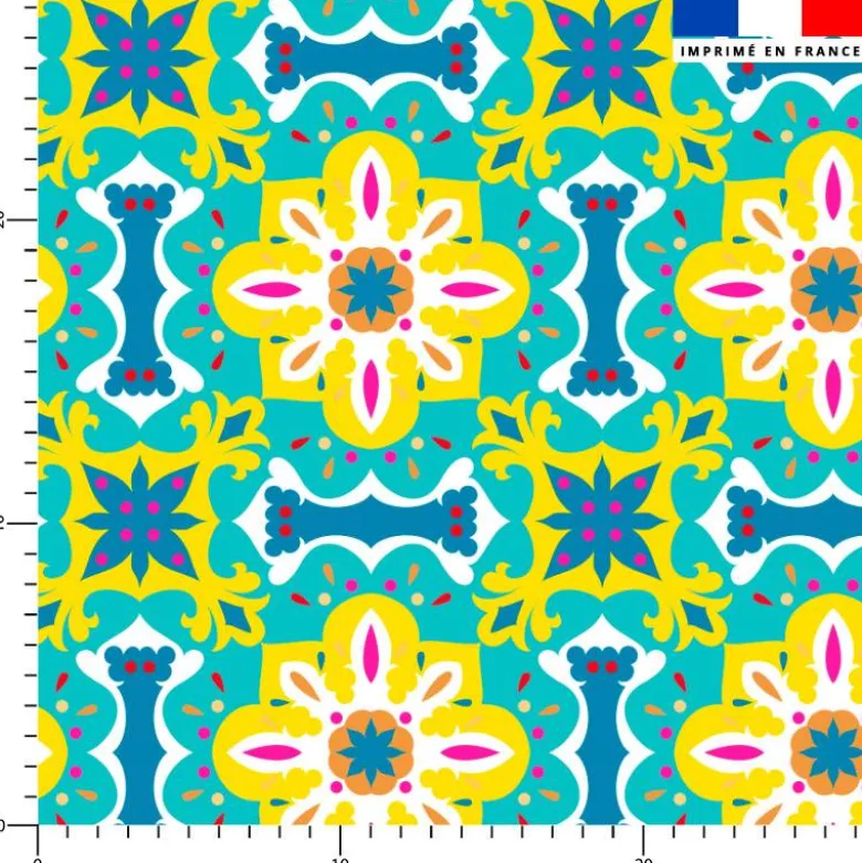 Tissu imperméable motif carreaux de ciment jaune bleu et turquoise