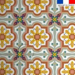 Tissu imperméable motif carreaux de ciment terracotta ocre et vert sauge