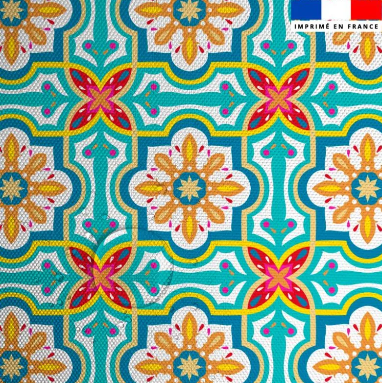 Tissu imperméable motif carreaux de ciment bleu et jaune