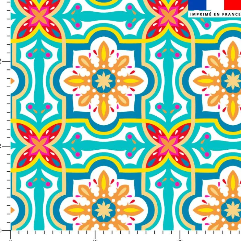 Tissu imperméable motif carreaux de ciment bleu et jaune