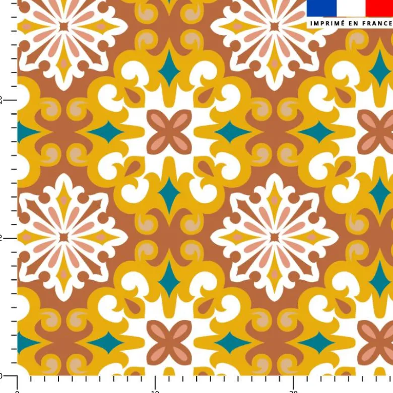 Tissu imperméable motif carreaux de ciment terracotta bleu canard et ocre
