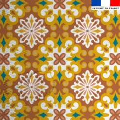 Tissu imperméable motif carreaux de ciment terracotta bleu canard et ocre