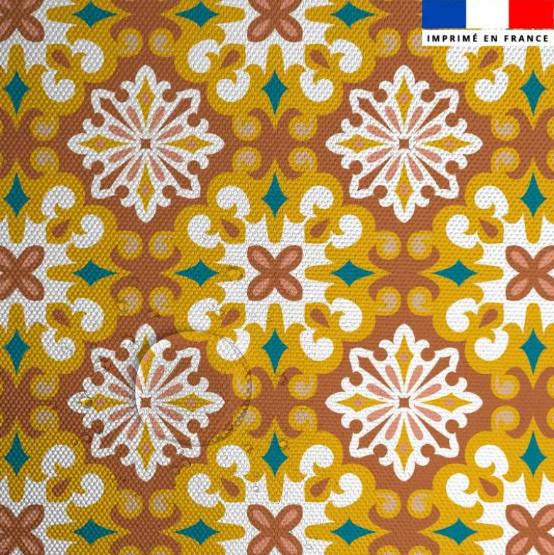 Tissu imperméable motif carreaux de ciment terracotta bleu canard et ocre